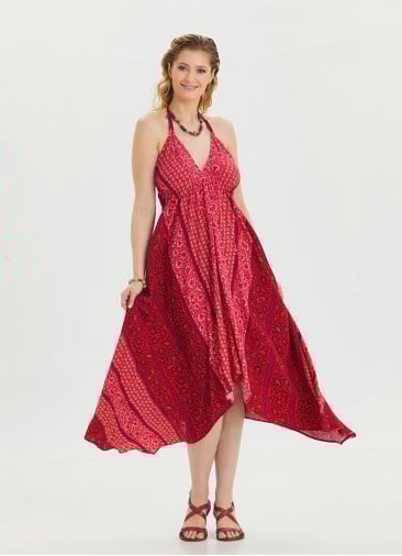 V Neck Backless Halter Neck Coral Floral Dress 4655